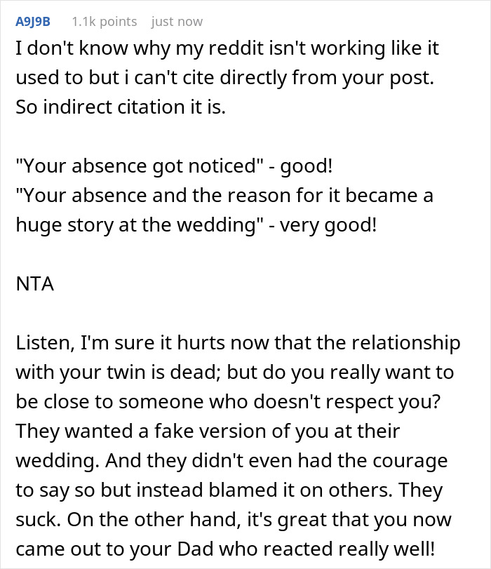 Reddit user discusses gay man spending $1.3K to attend twin’s wedding with partner and being told he was never invited. Reddit user discusses gay man spending $1.3K to attend twin’s wedding with partner and being told he was never invited.