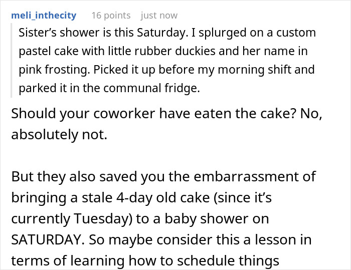 Alt text: Woman’s custom baby shower cake left in shared fridge, coworkers debate if she should make a fuss over it being eaten.