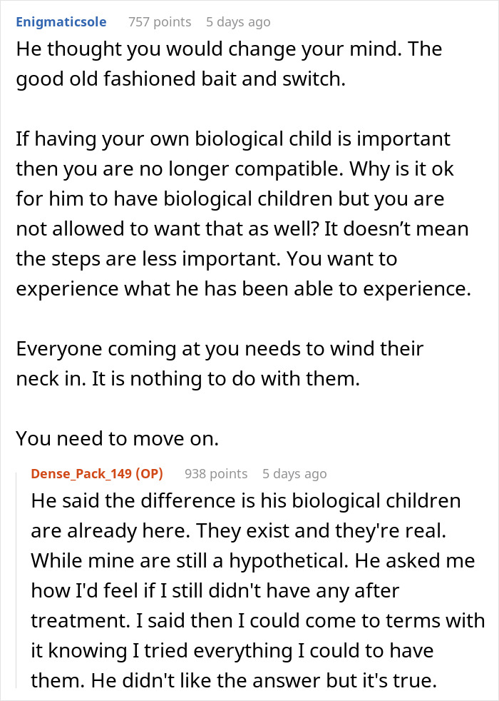 Alt text: Online discussion about marriage, kids, fertility, and relationship challenges between partners with different views on biological children.