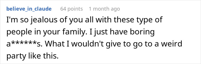 Screenshot of a Reddit comment expressing jealousy about unique family events like a sister’s re-birth party. Screenshot of a Reddit comment expressing jealousy about unique family events like a sister’s re-birth party.