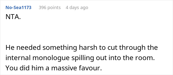 Comment from user No-Sea1173 discussing how harsh feedback was needed to stop internal monologue during a job interview situation. Comment from user No-Sea1173 discussing how harsh feedback was needed to stop internal monologue during a job interview situation.