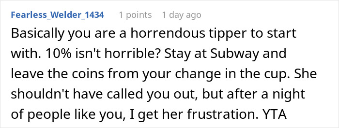 Comment criticizing a man for being a bad tipper after a waitress shamed him loudly in a restaurant. Comment criticizing a man for being a bad tipper after a waitress shamed him loudly in a restaurant.