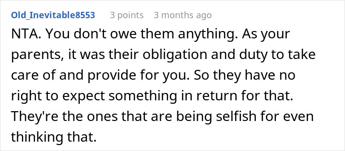 Comment discussing a teen refusing to sacrifice her future to fix parents’ financial mistakes and their selfish expectations.