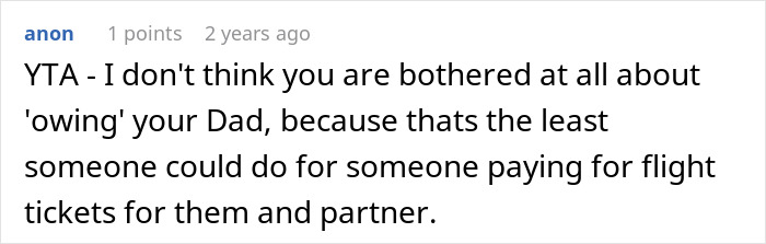 Screenshot of online discussion where a user comments about a woman swapping seats to avoid babysitting her little sister during a dad-paid trip. Screenshot of online discussion where a user comments about a woman swapping seats to avoid babysitting her little sister during a dad-paid trip.