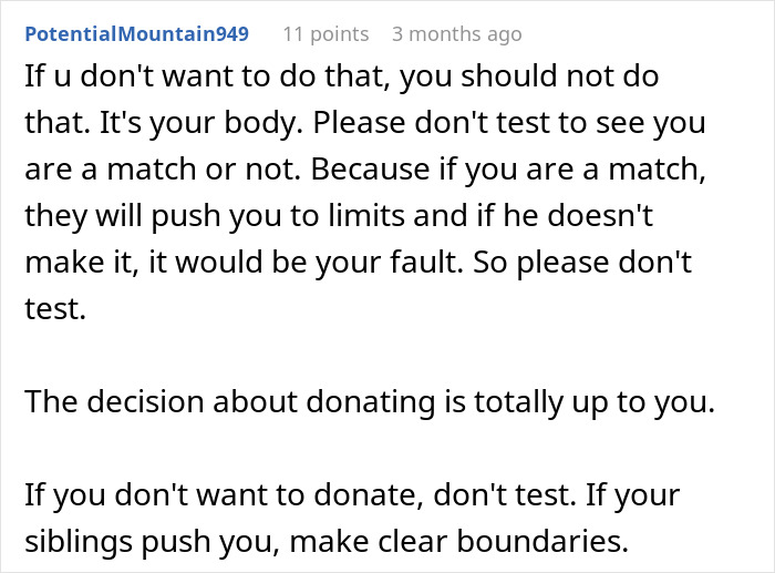 Screenshot of an online comment advising against donating an organ to a father who caused childhood trauma. Screenshot of an online comment advising against donating an organ to a father who caused childhood trauma.