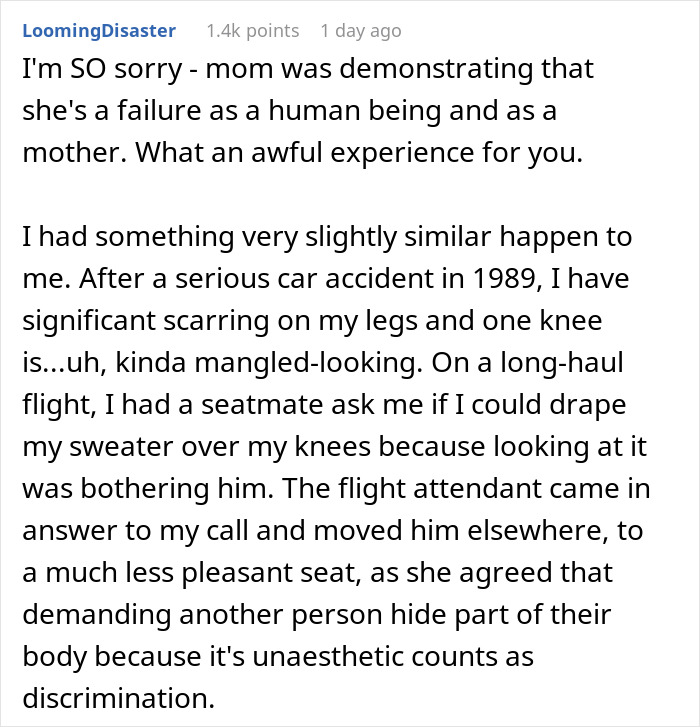 Comment expressing sympathy for a cancer survivor told to move from plane seat due to appearance concerns from another passenger’s kid. Comment expressing sympathy for a cancer survivor told to move from plane seat due to appearance concerns from another passenger’s kid.