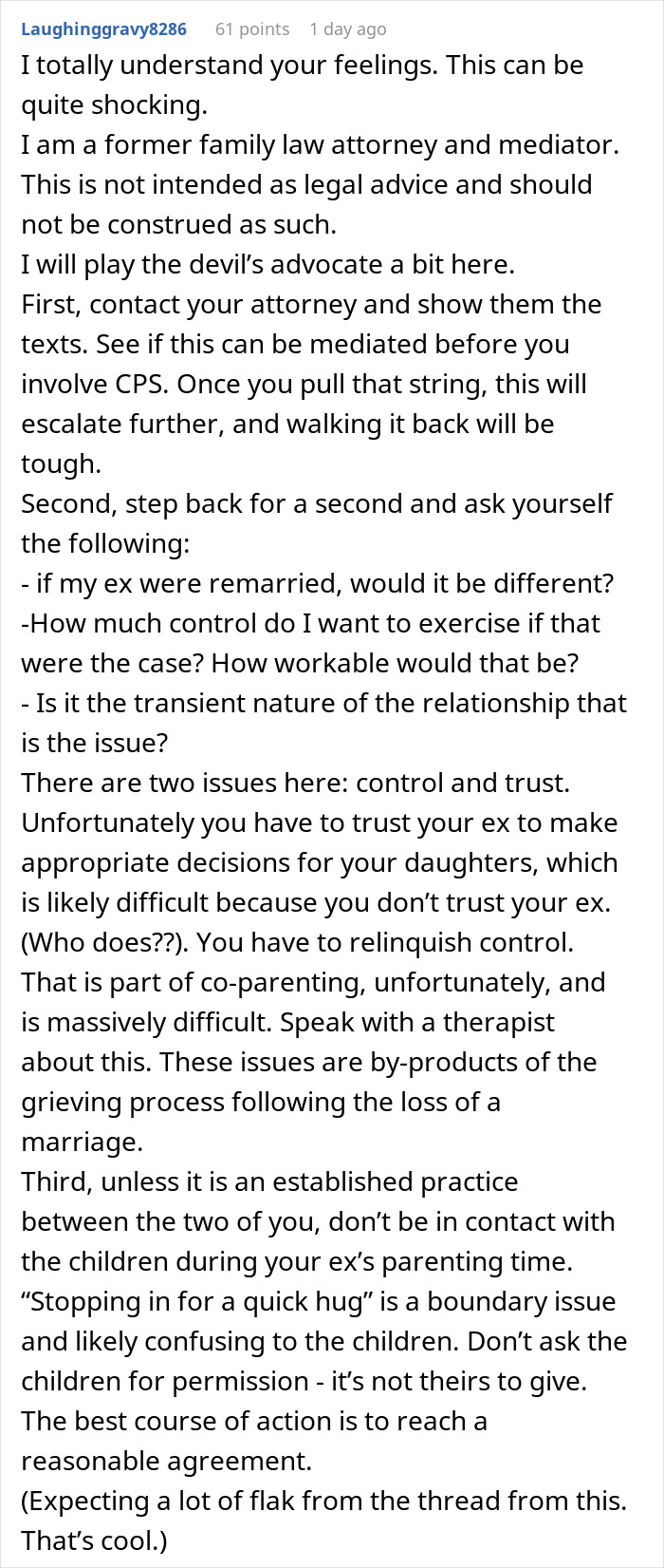 Comment from former family law attorney discussing co-parenting issues and trust concerns after 8-year-old spends night at mom's boyfriend's house. Comment from former family law attorney discussing co-parenting issues and trust concerns after 8-year-old spends night at mom's boyfriend's house.