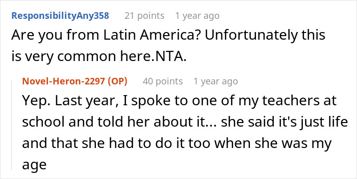 Screenshot of an online discussion about a 17-year-old drawing the line after years of unpaid babysitting and lack of respect.