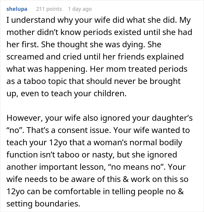 Comment discussing a mom wanting to give her 12-year-old daughter a menstruation celebration while addressing consent issues. Comment discussing a mom wanting to give her 12-year-old daughter a menstruation celebration while addressing consent issues.