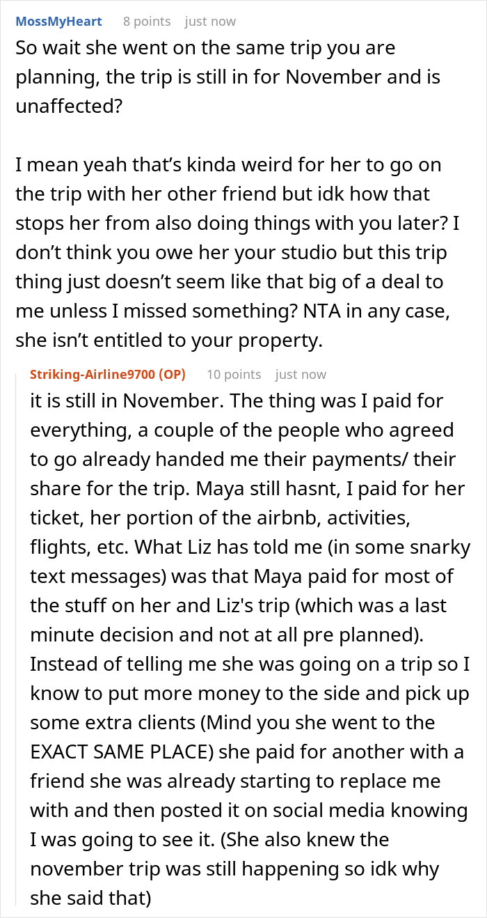 Text conversation about a lady ditching her bestie for a wannabe influencer and drama over using a studio for a party. Text conversation about a lady ditching her bestie for a wannabe influencer and drama over using a studio for a party.