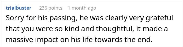 Comment about quiet retiree passing suddenly and neighbor's kindness, highlighting impact of fixing his sink and inheriting apartment.