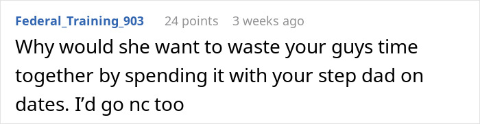 Comment discussing frustration about absentee mom expecting teen to pause his life and babysit fiancé's kids during their dates. Comment discussing frustration about absentee mom expecting teen to pause his life and babysit fiancé's kids during their dates.