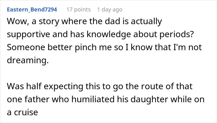 Screenshot of a Reddit comment discussing a dad supportive and knowledgeable about periods in a menstruation celebration story. Screenshot of a Reddit comment discussing a dad supportive and knowledgeable about periods in a menstruation celebration story.