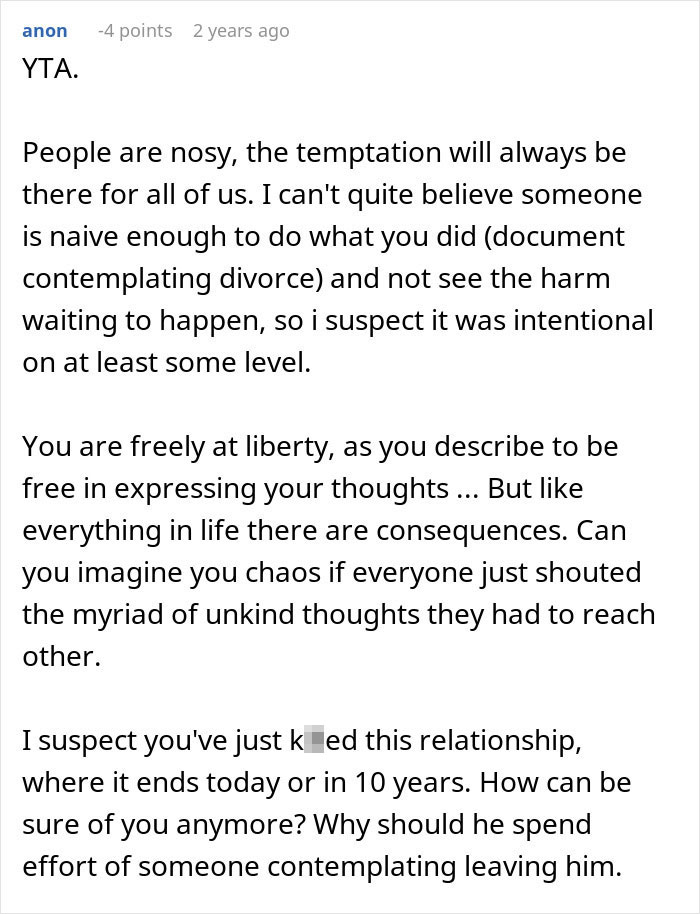 Screenshot of a heated online discussion about a man reading his wife’s diary and the consequences of his actions. Screenshot of a heated online discussion about a man reading his wife’s diary and the consequences of his actions.
