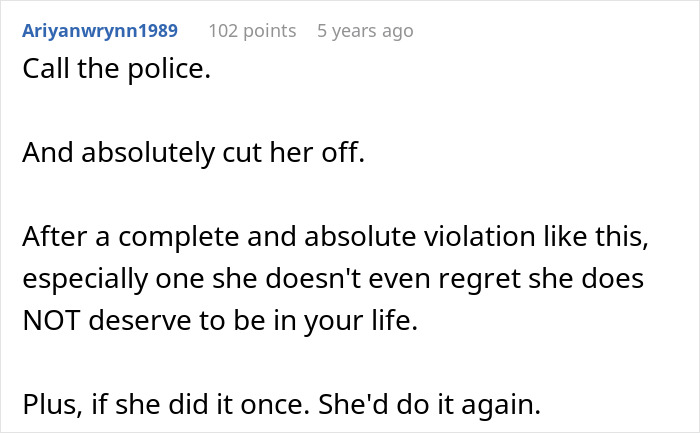Screenshot of a comment advising to call the police and cut off an entitled grandma involved in family drama over grandson’s ashes.