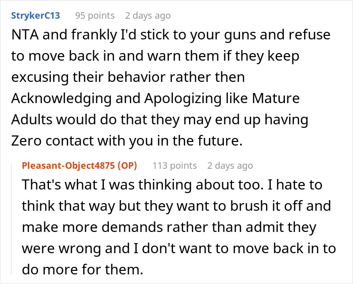 Reddit conversation where an 18-year-old expresses frustration about living with toxic parents and refusing to move back in.