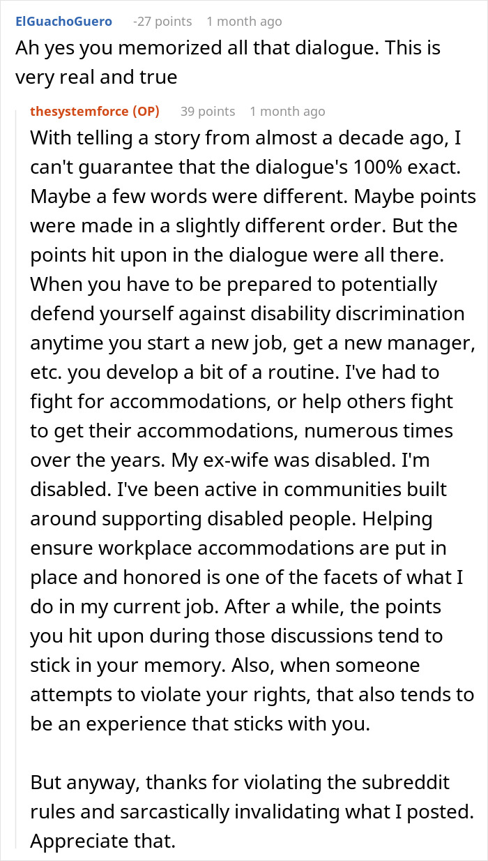 Reddit conversation discussing ableist manager refusing disabled employee accommodations and workplace disability discrimination experiences.