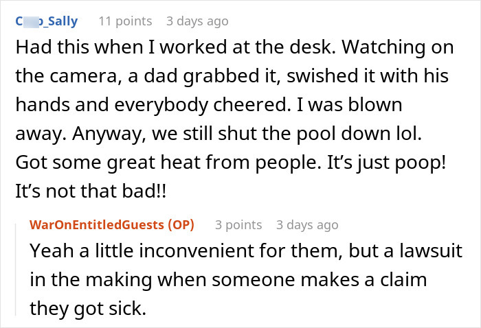 Conversation excerpt about a kid pooping in a hotel pool, discussing reactions and potential legal issues.