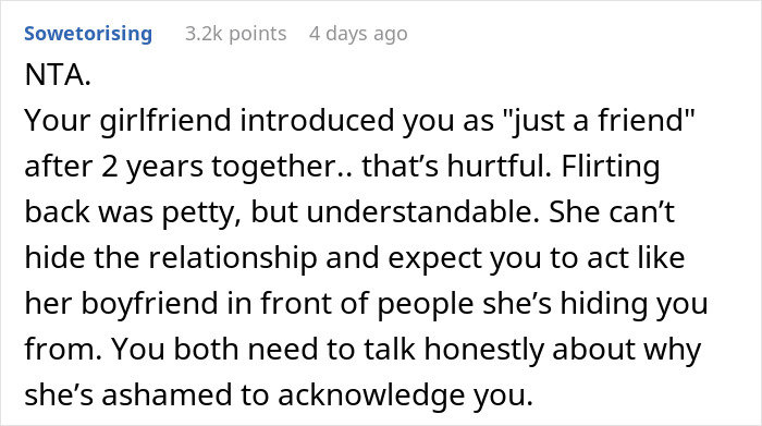 Comment discussing man publicly demoted to friend by girlfriend and his response as a flirty bachelor. Comment discussing man publicly demoted to friend by girlfriend and his response as a flirty bachelor.