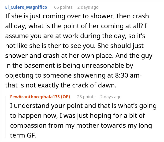 Screenshot of a Reddit conversation about a man confused why his girlfriend stopped visiting in the mornings causing drama with mom. Screenshot of a Reddit conversation about a man confused why his girlfriend stopped visiting in the mornings causing drama with mom.