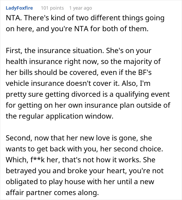 Text excerpt discussing wife leaving for affair partner, losing lover in crash, and her request to delay the divorce process. Text excerpt discussing wife leaving for affair partner, losing lover in crash, and her request to delay the divorce process.