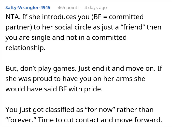 Comment explaining how a man publicly demoted to friend by girlfriend should move on and upgrade himself confidently. Comment explaining how a man publicly demoted to friend by girlfriend should move on and upgrade himself confidently.