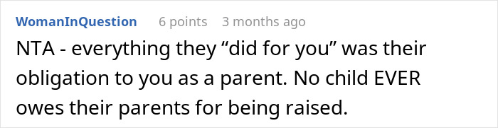 Screenshot of an online comment with a user discussing a teen refusing to sacrifice her future over parents’ financial mistakes.