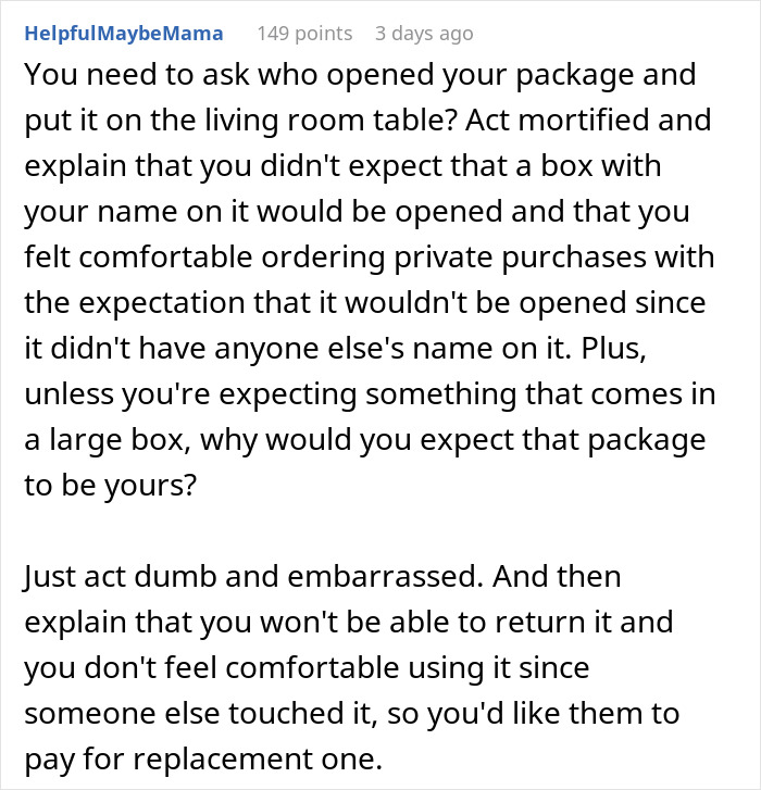 Comment discussing how to confront a nosy MIL about opening private packages with advice on handling the situation sensitively. Comment discussing how to confront a nosy MIL about opening private packages with advice on handling the situation sensitively.