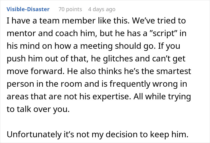 Comment describing a team member who follows a fixed meeting script and struggles to adapt, impacting job interview chances. Comment describing a team member who follows a fixed meeting script and struggles to adapt, impacting job interview chances.