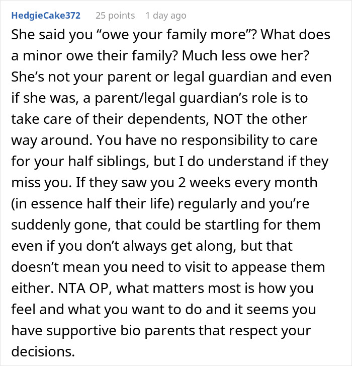 Comment discussing teen’s dad going AWOL and stepmom expecting help with half siblings, teen refuses and is mad. Comment discussing teen’s dad going AWOL and stepmom expecting help with half siblings, teen refuses and is mad.