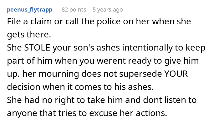 Comment about entitled grandma causing family drama after stealing grandson’s ashes and dismissing the issue as no big deal.