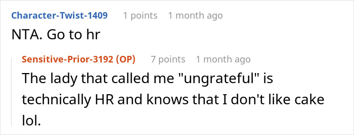Text conversation showing a worker annoyed about receiving a birthday cake despite disliking it, mentioning HR involvement. Text conversation showing a worker annoyed about receiving a birthday cake despite disliking it, mentioning HR involvement.