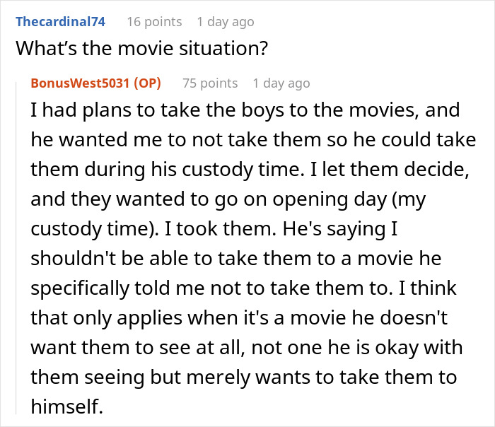 Screenshot of a Reddit conversation about a lady refusing her ex’s stepkid to use her bathroom, suspecting he wants to snoop. Screenshot of a Reddit conversation about a lady refusing her ex’s stepkid to use her bathroom, suspecting he wants to snoop.