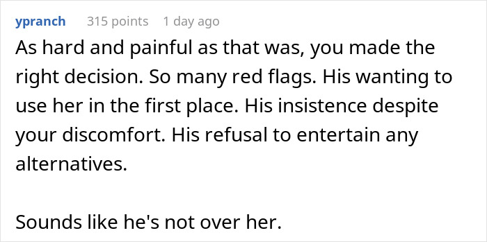 Screenshot of a comment discussing bride’s protests to change caterer ignored by groom’s ex leading to wedding cancellation. Screenshot of a comment discussing bride’s protests to change caterer ignored by groom’s ex leading to wedding cancellation.