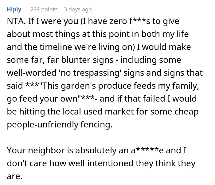 Screenshot of a Reddit comment ranting about a neighbor’s farm stand causing theft and suggesting no trespassing signs. Screenshot of a Reddit comment ranting about a neighbor’s farm stand causing theft and suggesting no trespassing signs.