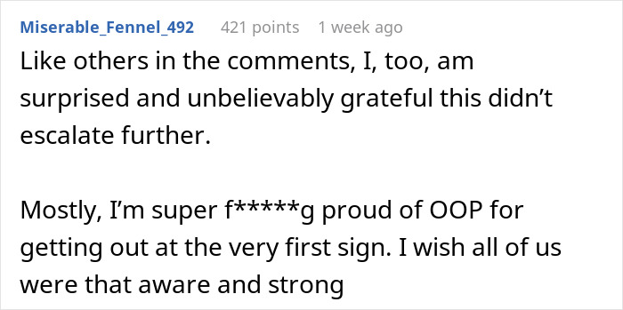 Comment expressing gratitude for avoiding escalation and pride in recognizing red flags early in a relationship. Comment expressing gratitude for avoiding escalation and pride in recognizing red flags early in a relationship.