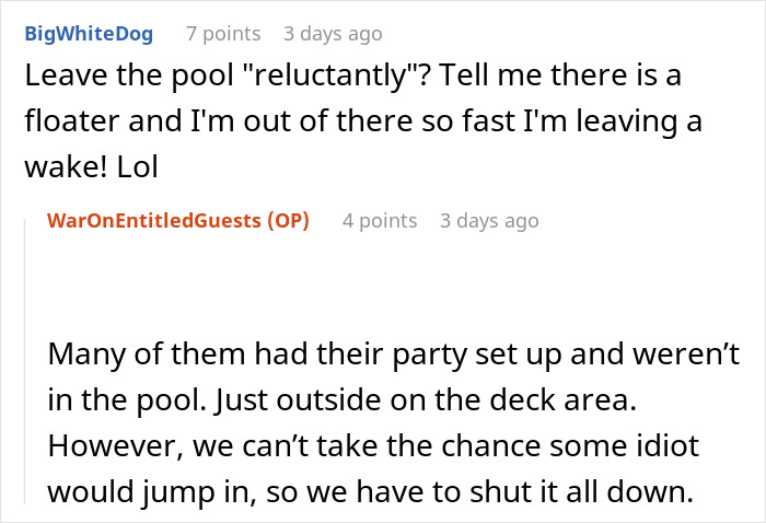 Screenshot of a forum discussion about Karen’s kid poop in a hotel pool, with users debating pool closure reasons.