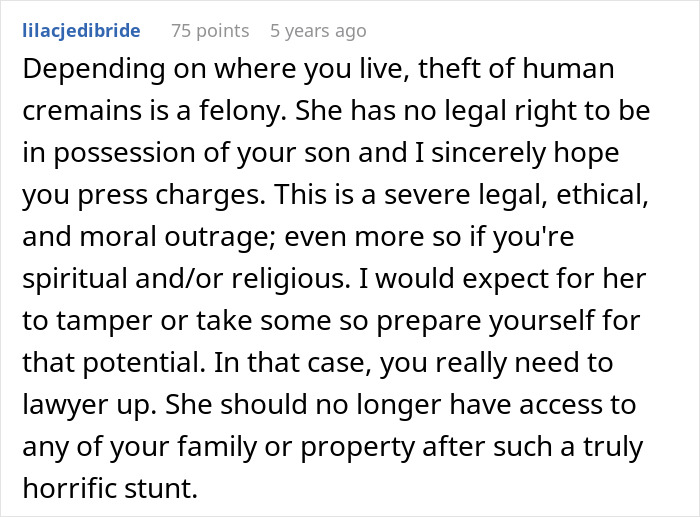 Comment discussing legal and ethical issues of stealing grandson’s ashes, urging to press charges and lawyer up.