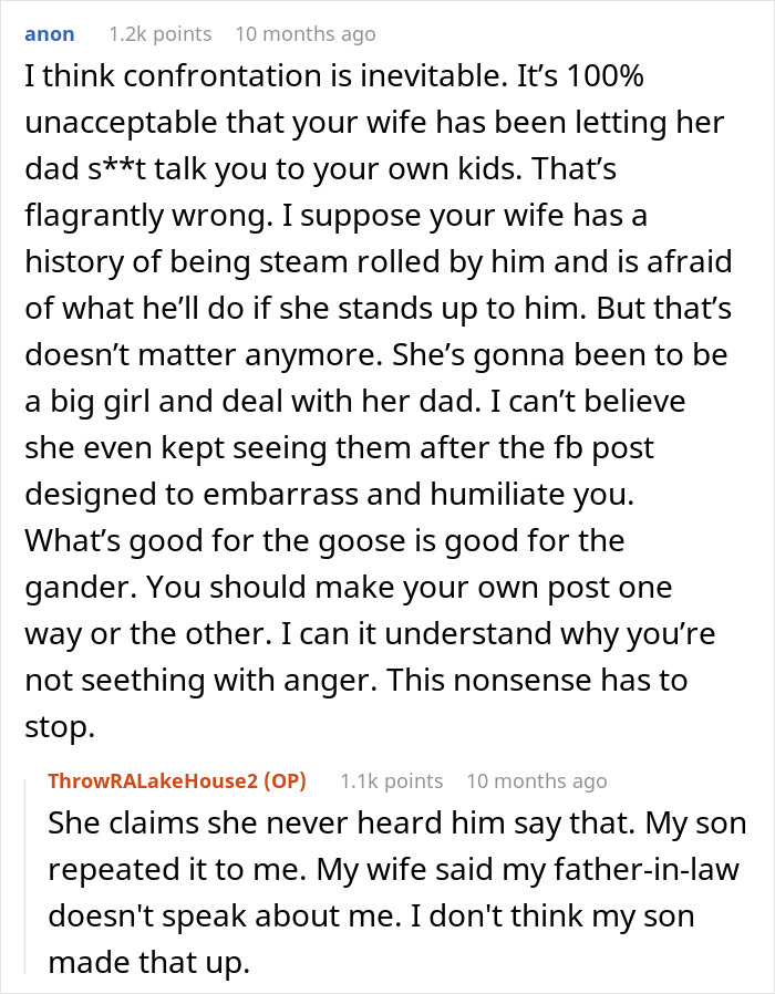 Comment exchange about false accusation involving wife and father causing family conflict and emotional distress.