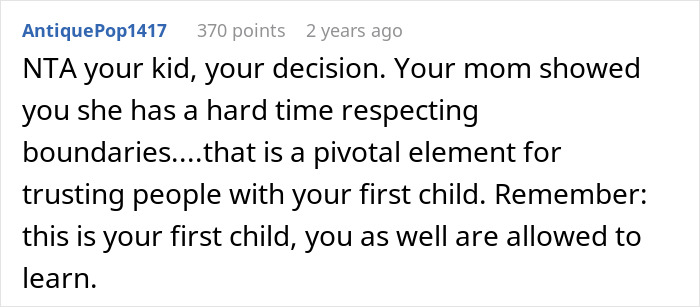 Screenshot of a forum comment discussing overprotective mom and son allowing in-laws to help with baby care boundaries. Screenshot of a forum comment discussing overprotective mom and son allowing in-laws to help with baby care boundaries.
