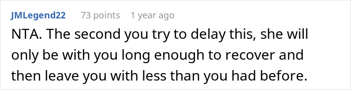 Comment on Reddit about wife leaving for affair partner, losing lover in crash, and wanting ex to delay divorce. Comment on Reddit about wife leaving for affair partner, losing lover in crash, and wanting ex to delay divorce.