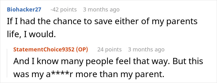 Screenshot of a Reddit conversation about a man refusing to donate an organ to his abusive father. Screenshot of a Reddit conversation about a man refusing to donate an organ to his abusive father.