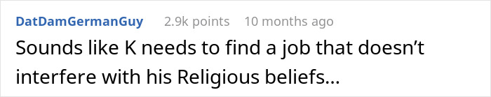 Text comment about a boss confronting a custodian who claimed religion prevented emptying feminine hygiene waste bins. Text comment about a boss confronting a custodian who claimed religion prevented emptying feminine hygiene waste bins.