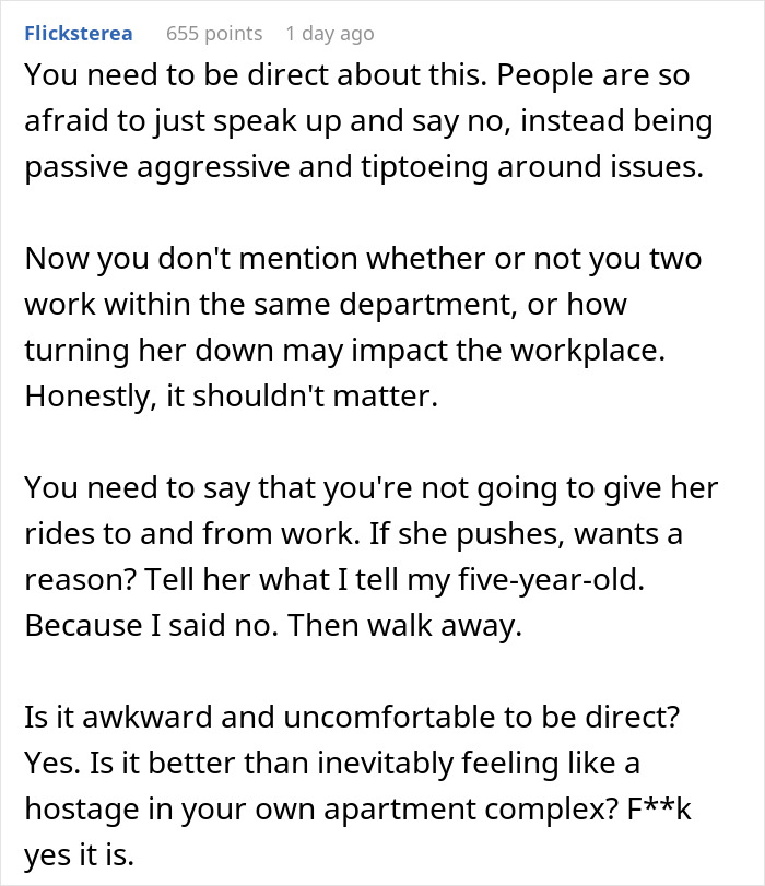 Woman living quietly faces coworker moving in and demanding rides without notice, causing tension and discomfort at home.