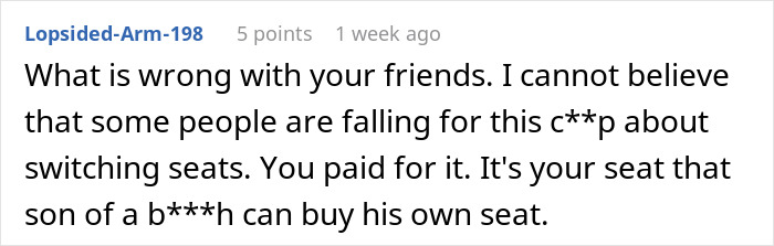 Screenshot of an online comment criticizing a man who invades woman’s space after declining to swap seats.