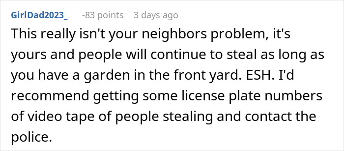 Comment about a man ranting over neighbor’s farm stand causing theft, suggesting recording thieves and involving police. Comment about a man ranting over neighbor’s farm stand causing theft, suggesting recording thieves and involving police.