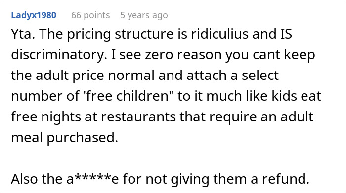 Screenshot of a negative online comment criticizing a tour company after turning away a childfree couple from a family tour.