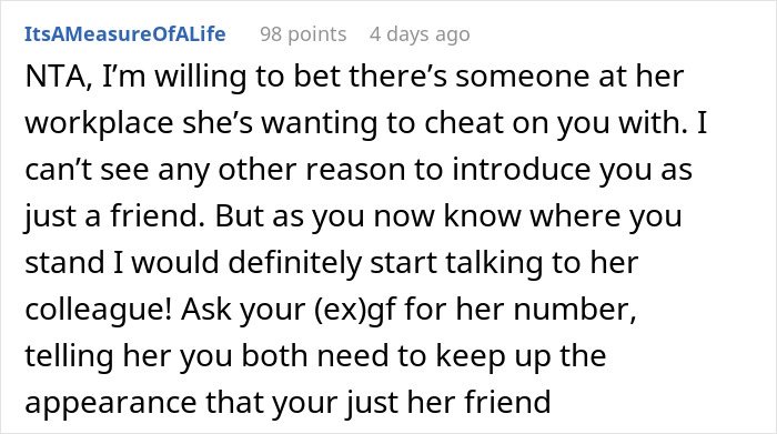 Screenshot of a Reddit comment discussing a man demoted to friend by his girlfriend and his flirty bachelor upgrade. Screenshot of a Reddit comment discussing a man demoted to friend by his girlfriend and his flirty bachelor upgrade.