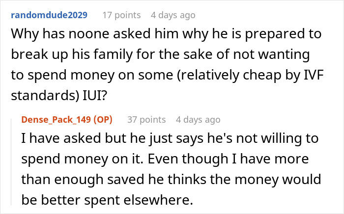 Online discussion about marriage, kids, fertility, and relationship challenges related to spending on fertility treatments. Online discussion about marriage, kids, fertility, and relationship challenges related to spending on fertility treatments.