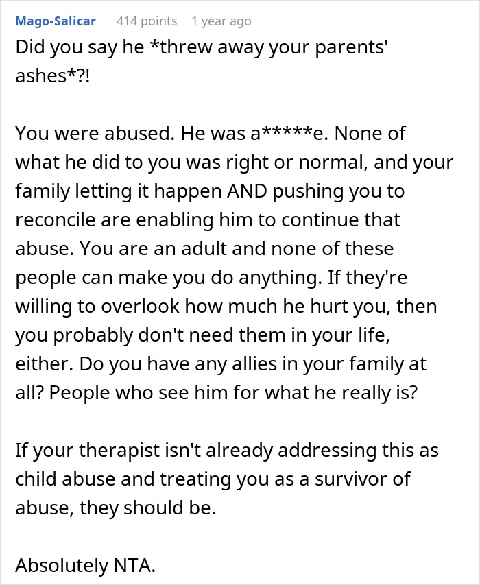 Comment discussing abuse and family enabling involving an unhinged stepfather in the context of burned father's picture. Comment discussing abuse and family enabling involving an unhinged stepfather in the context of burned father's picture.